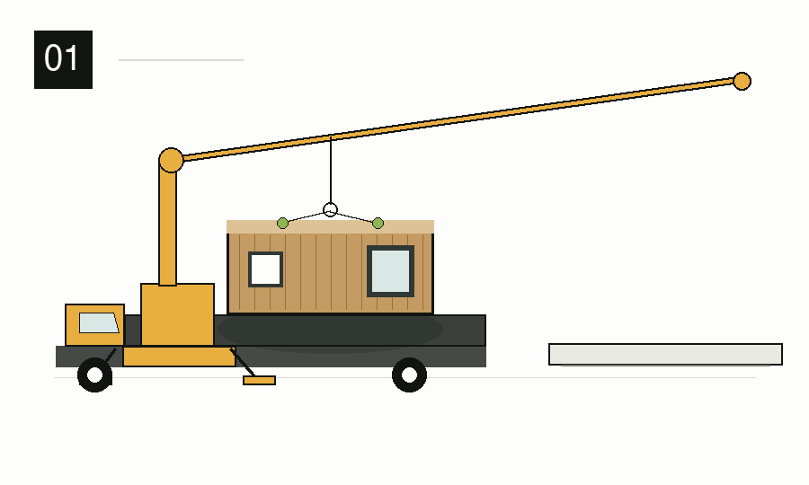Crane lifting a container house module onto the foundation